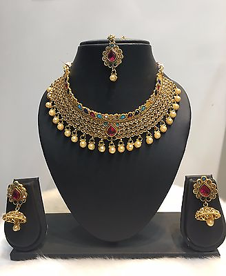 Indian Ethnic Bollywood Style Gold Plated Fashion Jewelry Gold Necklace Set $47.59