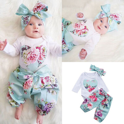 #ad Newborn Baby Girl Clothes Long Sleeve Bodysuit Floral Pants Headbands Outfits $15.98