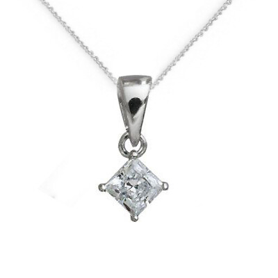 #ad Solitaire Pendant Necklace Princess Sterling Silver 18quot; 1 2 Ct $201.35