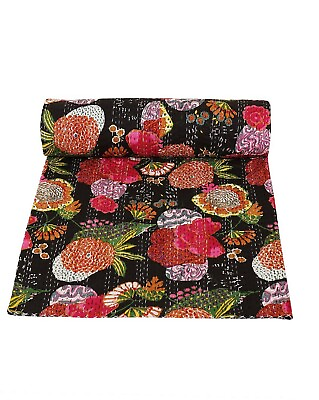 #ad Diwali Christmas Gift Cotton BLACK Kantha Fruit Print Kantha Throw Blanket $79.53