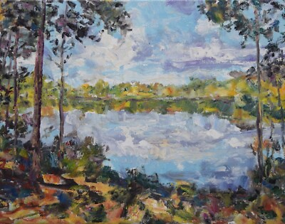#ad Art Oil Painting Original Mortensen Landscape quot;Shadows On The Shore Linequot; Lake $149.99