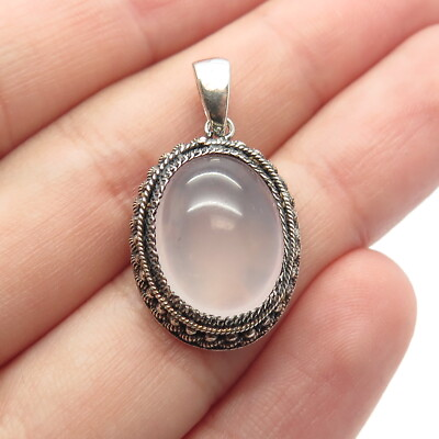 #ad 925 Sterling Silver Vintage Real Rose Quartz Twisted Oval Pendant $44.95