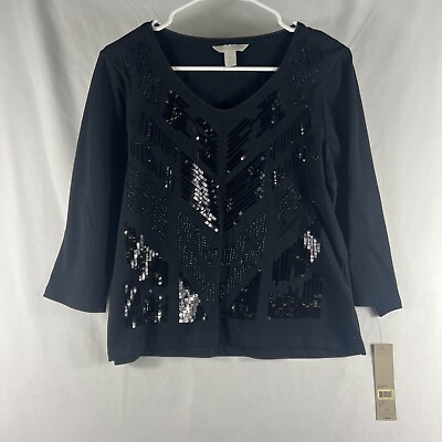 #ad Laura Ashley NWT Womens Black Sequin 3 4 Sleeve Scoop Neck Classic Shirt Size PL $31.99