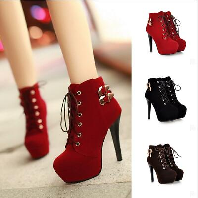 #ad Women Metal Decor Lace Up High Platform Stiletto Heels Party Ankle Boots 34 43 $59.72