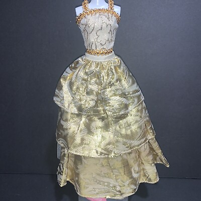 #ad Barbie Doll Clothes Gold 2pc Ball Gown W Lacy Wrap Full layered Skirt Crop Top $7.99