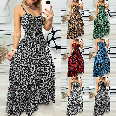 #ad Sexy Women Leopard Long Maxi Dress Summer Beach Strappy Swing Sundress Plus Size $29.98