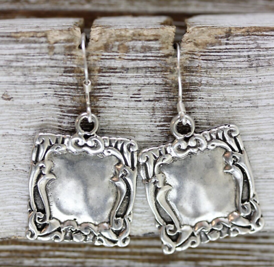 #ad VINTAGE REPOUSSE SQUARE STERLING SILVER DANGLE DROP EARRINGS 925 PRETTY $36.00