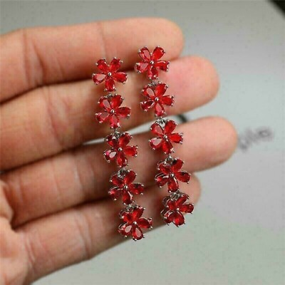 #ad 4.50Ct Pear Cut Simulated Red Ruby Dangle Flower Earring#x27;s 14K White Gold Plated $129.79