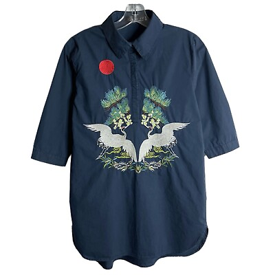 #ad KeKe Fashion Women#x27;s Embroidered Tunic Shirt Size L Navy Blue 1 4 Button Asian $19.95