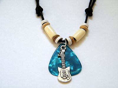 #ad GUITAR Necklace BLUE PICK amp; Silver Guitar Bass Choker 16quot; to 28quot; Adjustable NEW $5.95