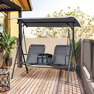#ad 2 Person Outdoor Swing Chair for Porch Patio Storage Tray Cup Holders $189.99