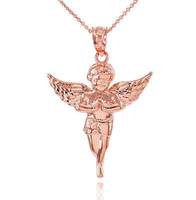 #ad Solid Rose Gold Diamond Cut Angel Pendant Necklace Small Made In USA $215.99