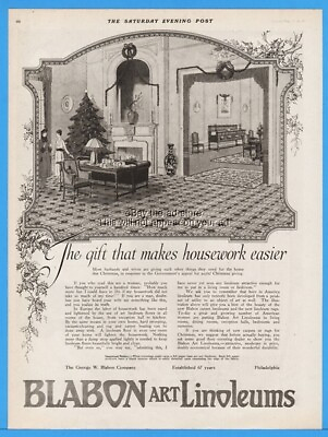 #ad 1918 George W Blabon Linoleum Art Parlor Fireplace Christmas Tree Gift Print Ad $13.49