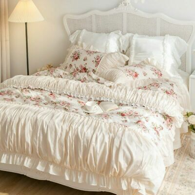 #ad Luxury Bedding Set Cotton Pleated Floral Print Duvet Cover Bed Skirt Set 4 Pcs $196.49