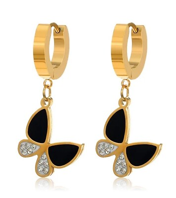 #ad Huggie Hoop Earrings Butterfly Dangle Gold Stainless Steel Hypoallergenic $12.99