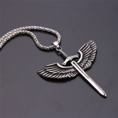 #ad Archangel Michael Sword Angel Wing Stainless Steel Silver Necklace Men Pendant $7.99