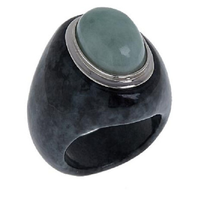 #ad HSN Jade of Yesteryear Natural Green amp; Charcoal Jade 10x14mm Sterling Size 9 $199.99