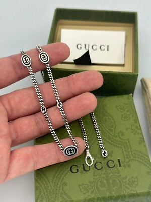 #ad Authentic Gucci Interlocking G Enamel Necklace Sterling Silver with Box $235.00