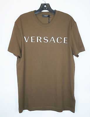#ad VERSACE Men#x27;s Military Green Logo Embellished Cotton Crewneck T Shirt Medium $123.75