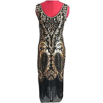 #ad Fundaisy Dress Women’s Size Small Black amp; Gold amp; Silver Sequins Fringe Hem $39.99