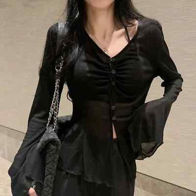 #ad Autumn Thin Knit Cardigan Women Sexy See Through V Neck Sweater Sleeve Bottoming $27.48