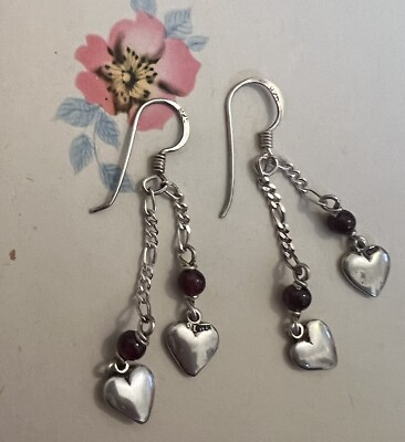 #ad Dainty Sterling Dangle Heart Earrings With Garnet Beads $35.99