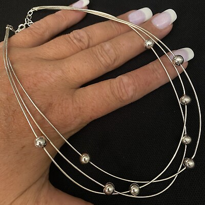 #ad NICE BEAUTIFUL ESTATE 3 STRAND STERLING SILVER STATIONARY BEAD NECKLACE 18quot; LONG $122.48