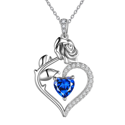 #ad 925 Sterling Silver Heart Rose Birthstone Necklace Fine Jewelry Elegant Pendant $46.65
