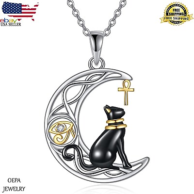 #ad 925 Sterling Cat Necklace Egyptian Bastet Cat Necklace Ankh Cross Pendant $100.00