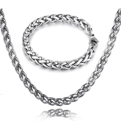 #ad #ad 8mm Men#x27;s Bracelet Necklace Jewelry Set Stainless Steel Braided Wheat Chain $11.99