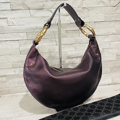 #ad Gucci Tom Ford Leather Metallic Plum Crescent Hobo Shoulder Bag Gold Bamboo Y2K $495.00