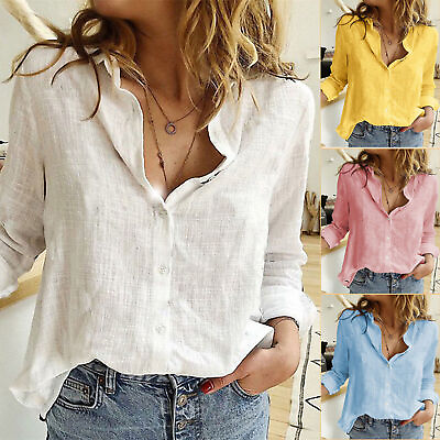 #ad Womens Linen Cotton Shirt Button Up Tops Long Sleeve Casual Loose Blouse $13.99