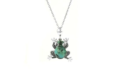 #ad 925 Sterling Silver Genuine Marcasite Turquois Frog Pendant Necklace 18quot; $11.99