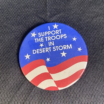 #ad Vtg I Support Troops Desert Storm US Flag Round Button Pin Veteran Made In USA $3.50