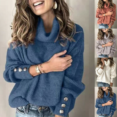 Women Knit Sweater Solid Long Sleeve Pullover Casual Jumper Turtleneck Warm Tops $18.66