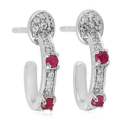 #ad Natural Ruby Huggie Hoop Earrings with Topaz 925 Sterling Silver Women Jewelry $124.99