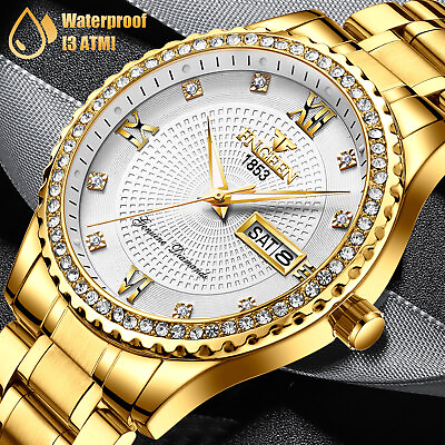 #ad Waterproof Men#x27;s Gold Watch Classic Stainless Steel Quartz Business Wristwatch $13.98