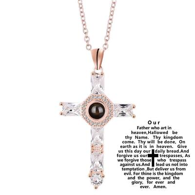 #ad Lords Prayer Engraved Crystal Cross Pendant Cross Projection Prayer Necklace $6.50