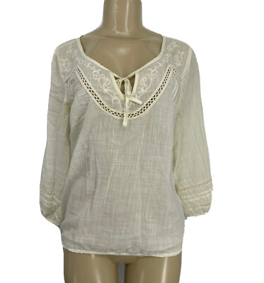 #ad Lucky Brand Small Women Pullover Blouse Embroidered Ivory 3 4 Sleeve Women #15 $7.48