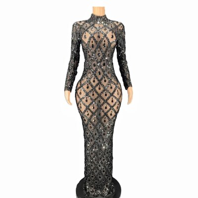 #ad Sparkly Sequins Long Dress Women Party Dress Performance Costume Show Stage Wear $150.93