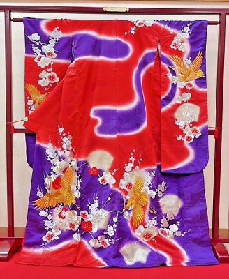 #ad Japanese Kimono quot;Uchikakequot; Red Purple Gold Plum blossom crane Luxury $320.00