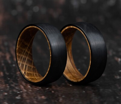 #ad Whiskey Barrel Ring Tungsten Black Plain Wood Inside Wedding Band Ring for Men $29.97