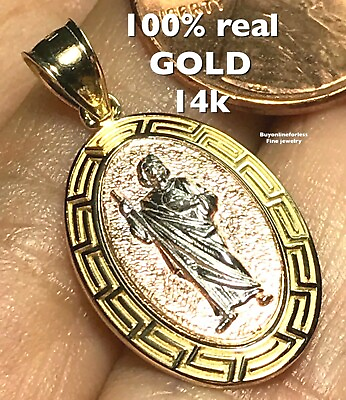 #ad GoLD St san Jude Saint Juda Pendant 14k Tadeo solid Charm Oval necklace 1.05” $205.85