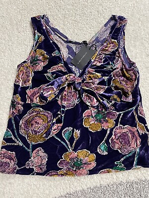 NWT Victor Victoria women#x27;s size L front knot sleeveless purple velvet blouse $49.99