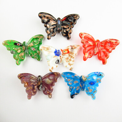 #ad 6Pcs Mixed Rainbow Inlaid Lampwork Glass Butterfly Pendant Bead LL2 $27.38