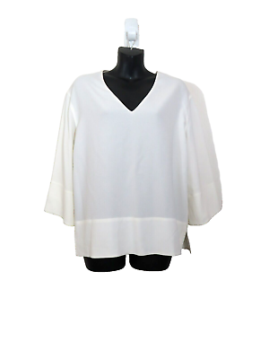 #ad Vince Small V Neck 3 4 Sleeve Blouse Top Ivory White Basic Workwear Crepe $30.00