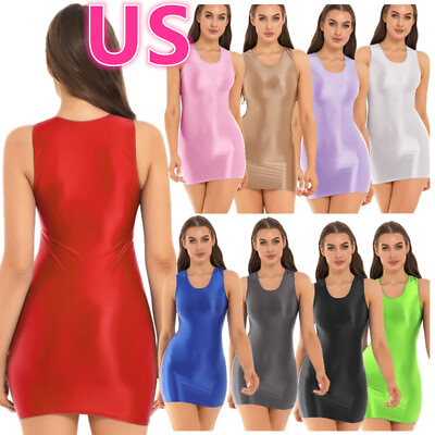 #ad US Women#x27;s U Neck Mini Dress Sheer Glossy Shiny Slim Fit Bodycon Dress Clubwear $7.98