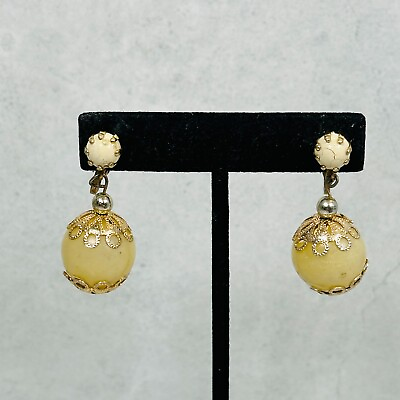 #ad VTG Earrings Beaded Dangle Yellow Cream Gold Tone Clip On Hong Kong Jewelry $4.95