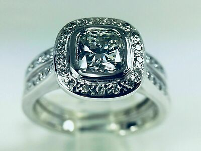 #ad Halo Solid 935 Argentium Silver 1.65CT Cushion Cut CZ Wedding Beautiful Ring Set $135.99
