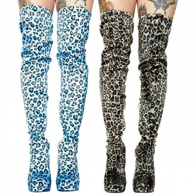 #ad Women Leopard Print Slouch Over The Knee High Boots Platform Block High Heels L $87.37